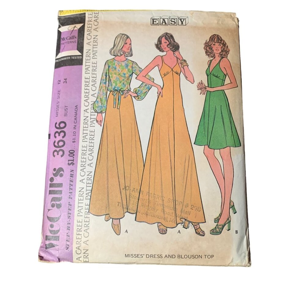 McCalls 3636 Vintage Sewing Pattern Misses Dress Blouson Top Size 12